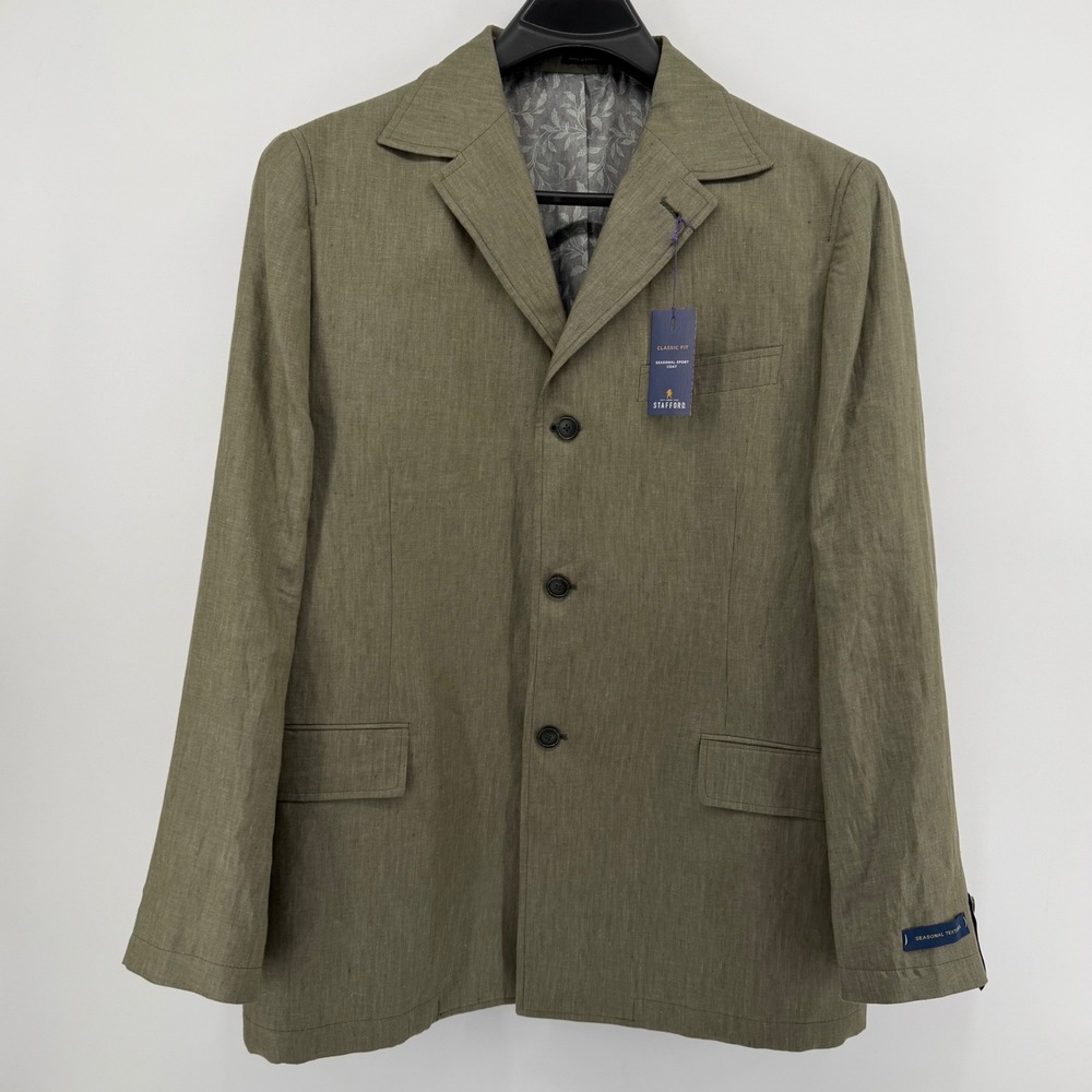 Stafford Sport Coat Mens 46R Olive Green Linen Classic Fit 3 button NWT